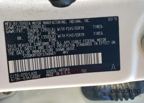 2015 Toyota Highlander Limited из США, поврежденный, VIN 5TDDKRFH2FS148461